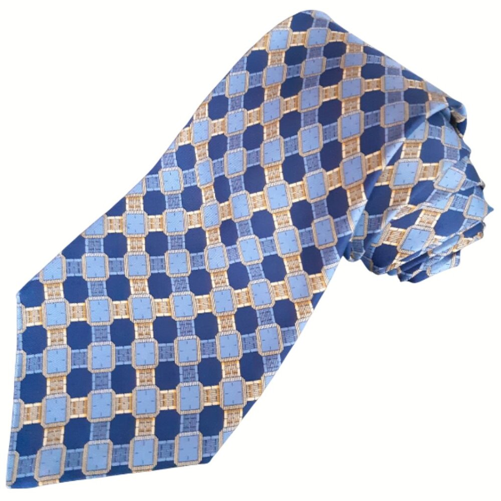 Vintage Piaget 100% Silk, Blue & Gold Geometric Design Men's Tie